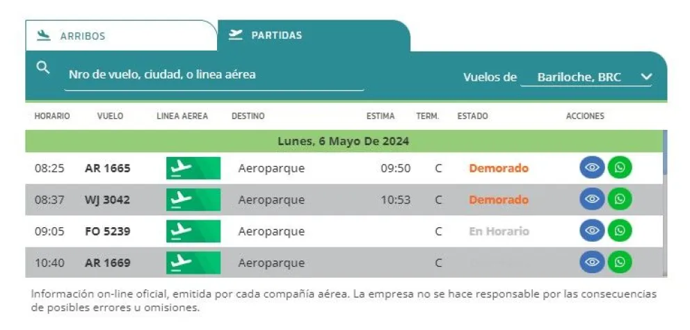 Desde temprano ya hay dos demoras previstas en partidas del aeropuerto de Bariloche.