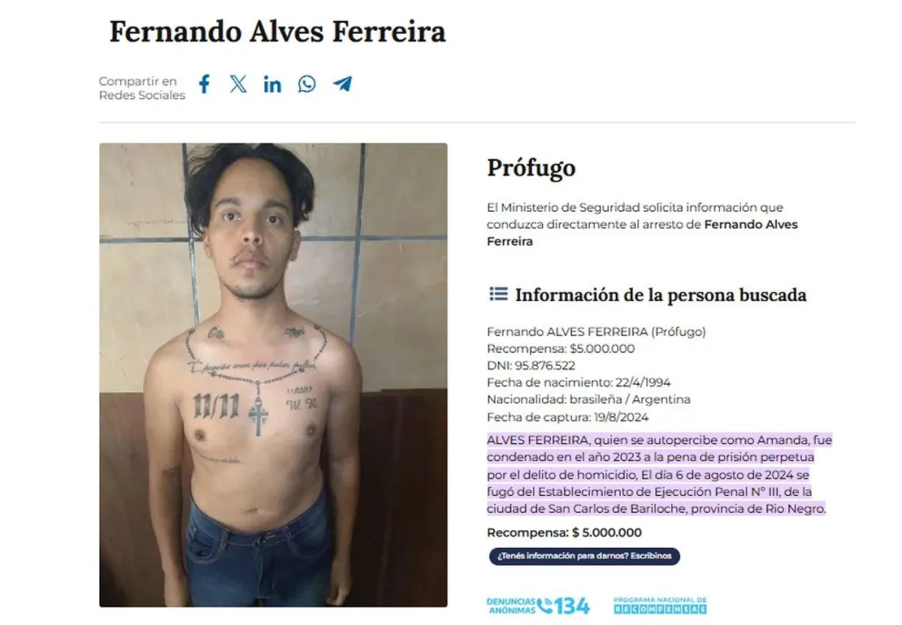 Recompensa por datos de Fernando Alves Ferreira, del Ministerio de Seguridad