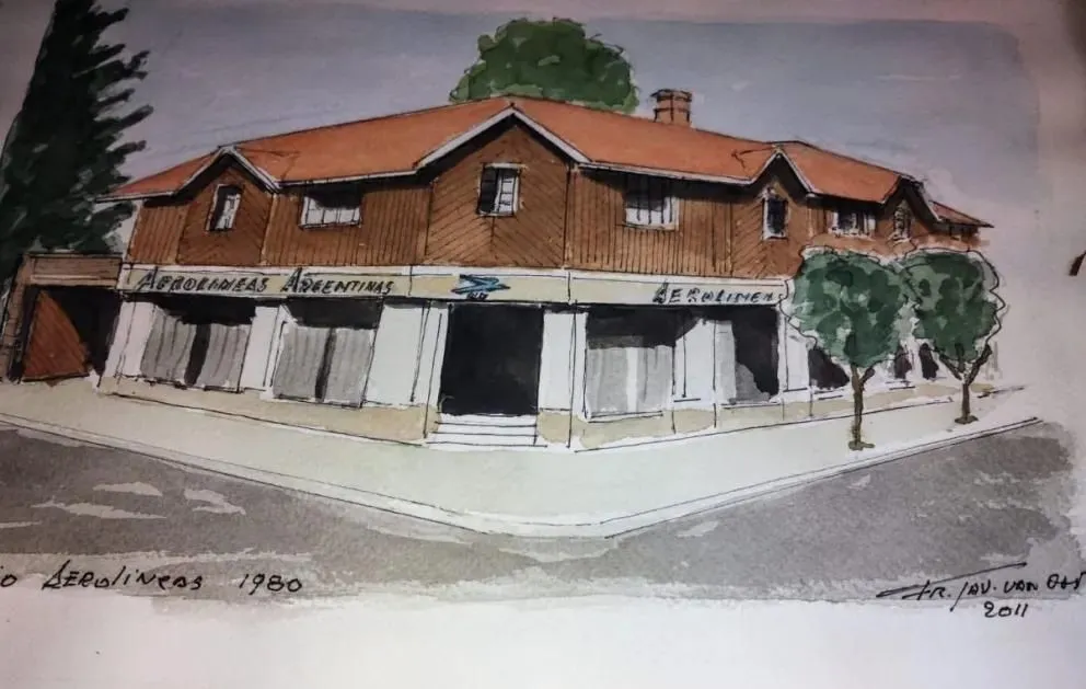 Dibujo del antiguo edificio de Aerolíneas, luego reconstruido