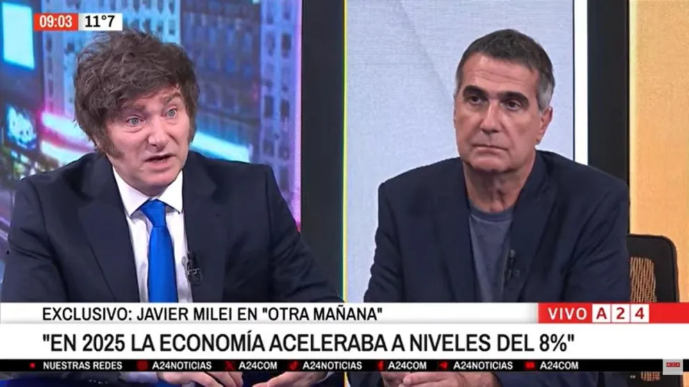 Javier Milei y Antonio Laje, en una extensa entrevista de A24 este lunes a la mañana